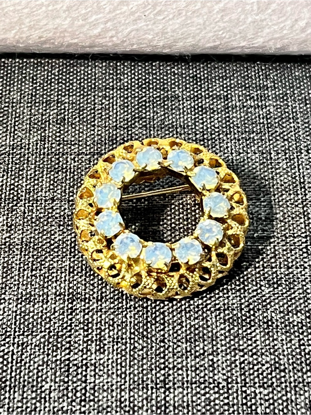 Vintage white Opaline Glass rhinestone brooch - UV Reactive Manganese Glow!